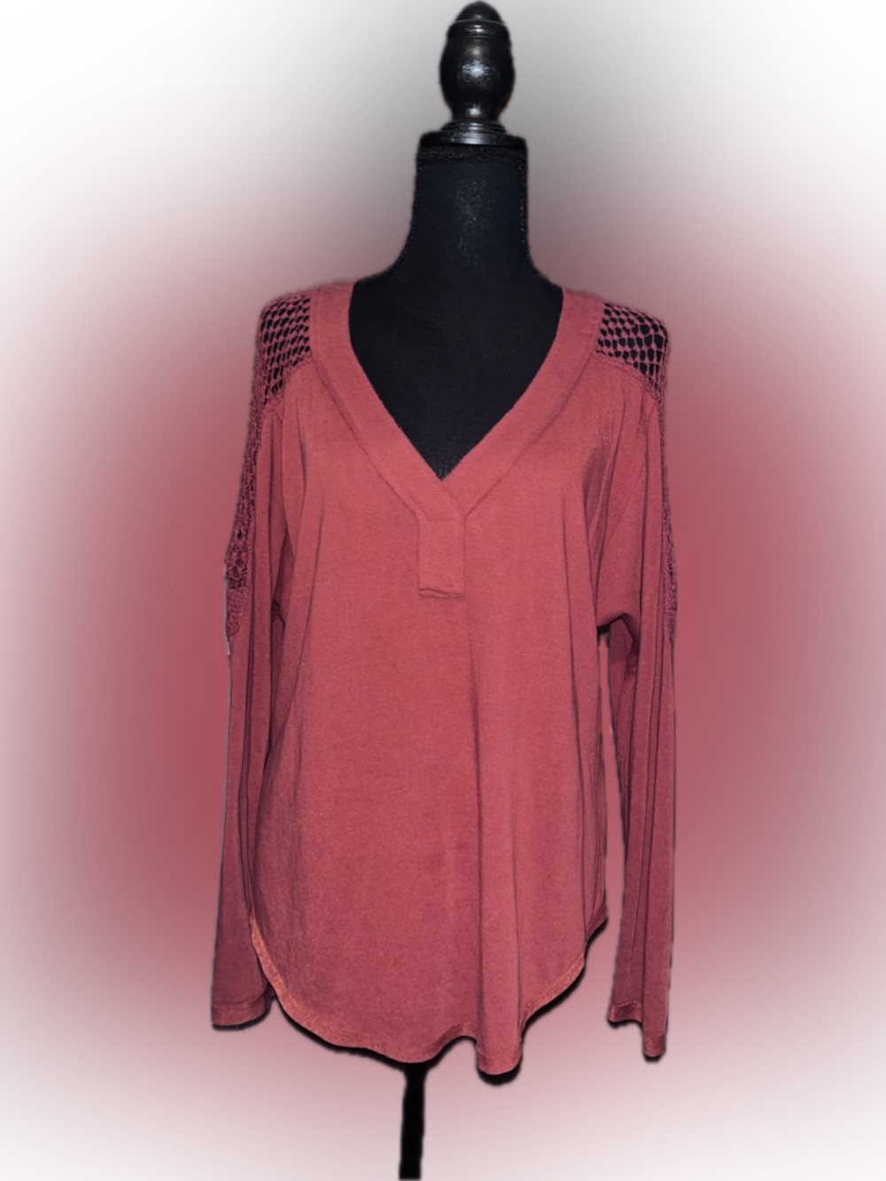 Oversized Crochet-Shoulder V-Neck Long Sleeve Top in rust